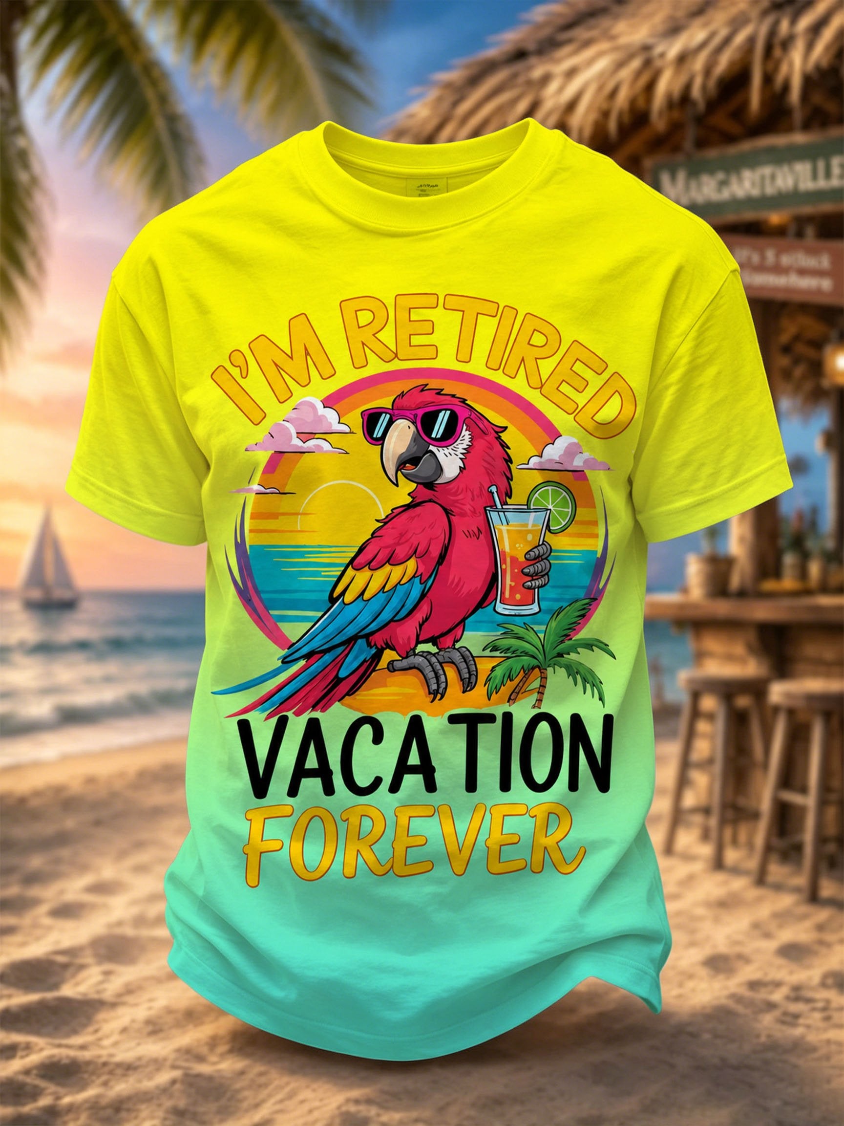 Men's Retro Vacation Music Parrot Printed Casual T-Shirt