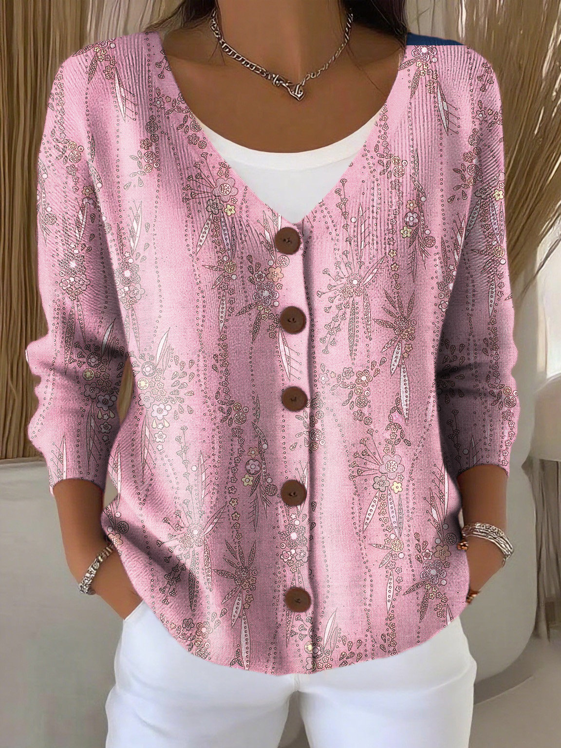 Women's Casual Breast Cancer Awareness Pink Floral Cardigan