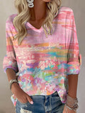 Women's Casual Pink Art Optimized Cotton And Linen V-Neck Long-Sleeved Top