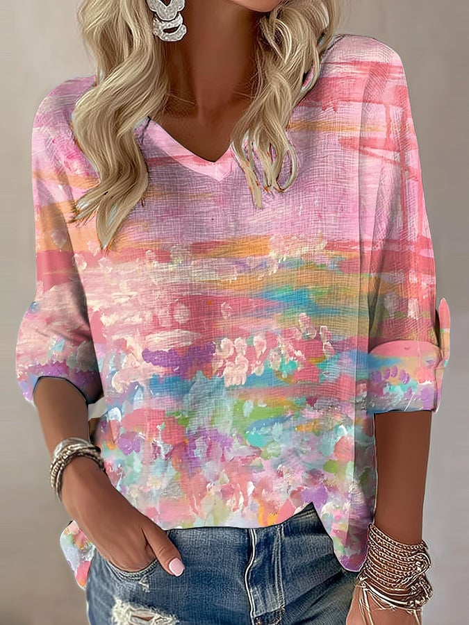 Women's Casual Pink Art Optimized Cotton And Linen V-Neck Long-Sleeved Top