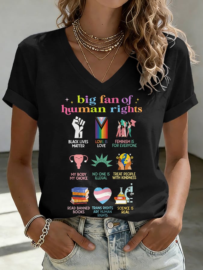 V-Neck Retro Big Fan Of Human Rights Print T-Shirt