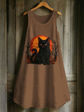 Women's Casual Black Cat Cotton And Linen Dress