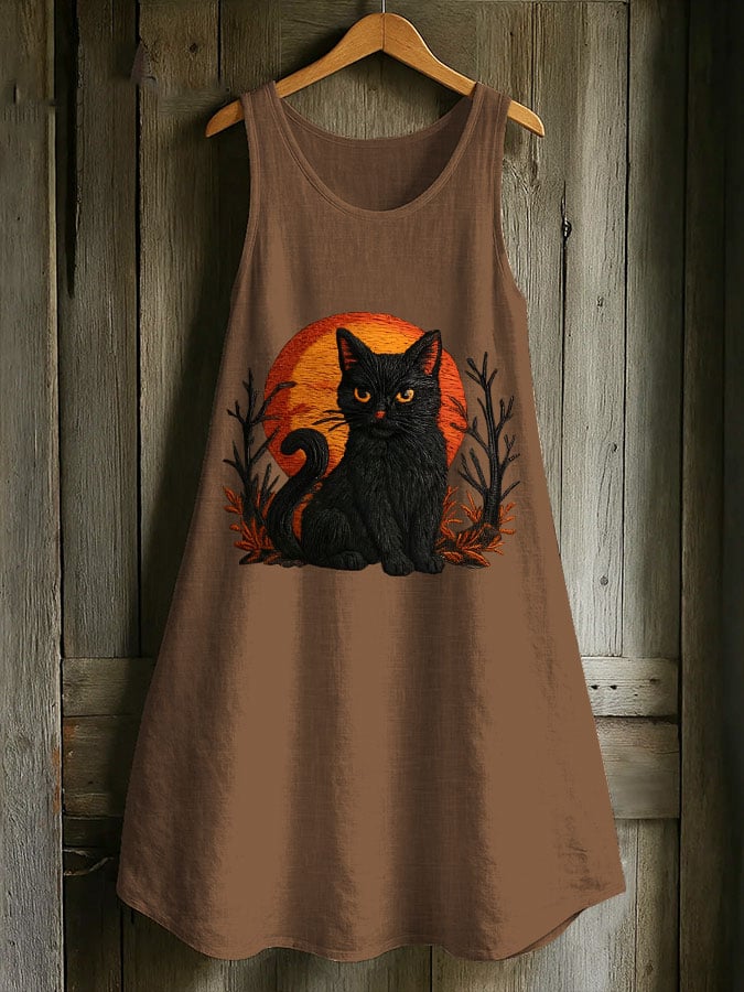Women's Casual Black Cat Cotton And Linen Dress