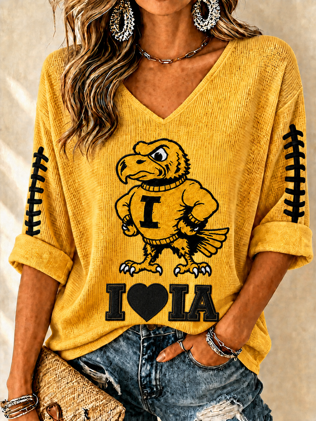 Women'S Football Print Waffle  Top