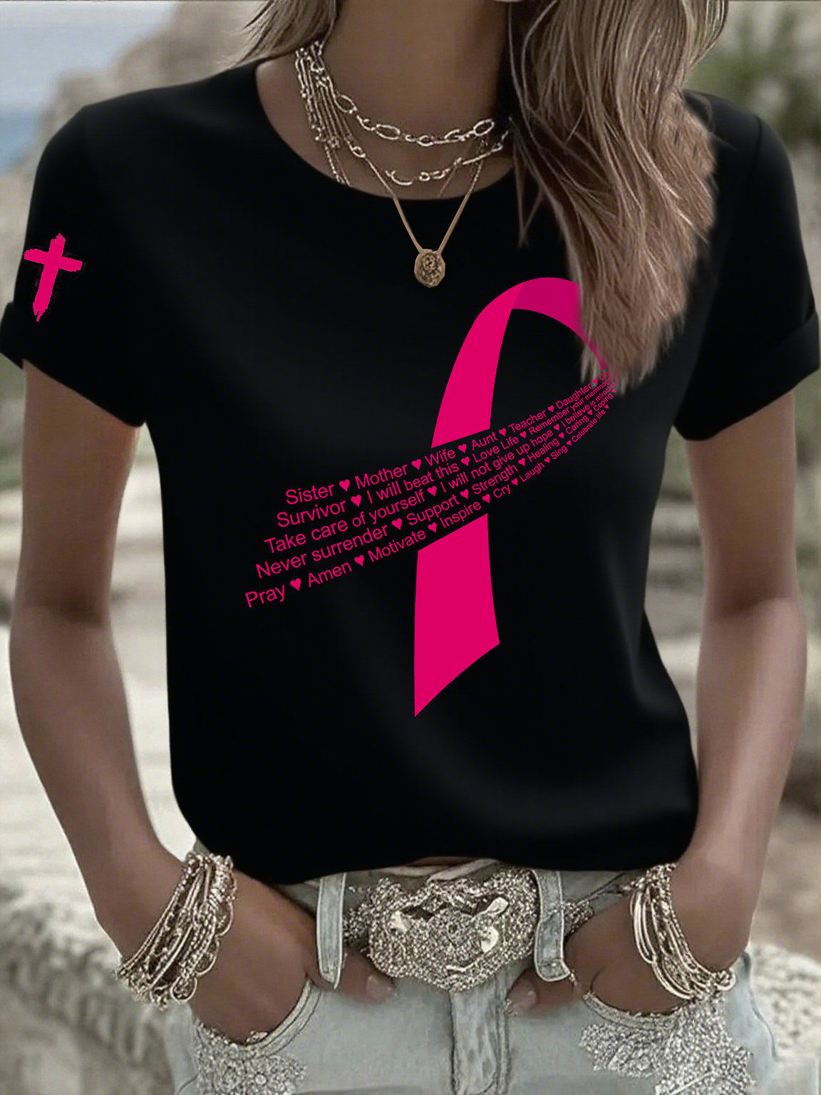 Women's Casual Pink Ribbon T-Shirt