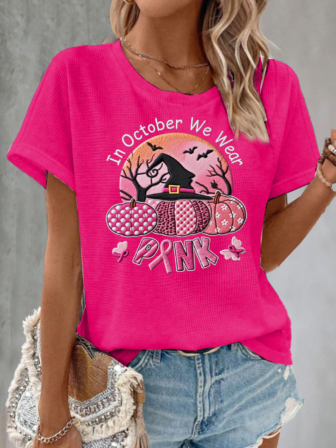 Women's Casual October We Wear Pink Ghost Waffle T-shirt