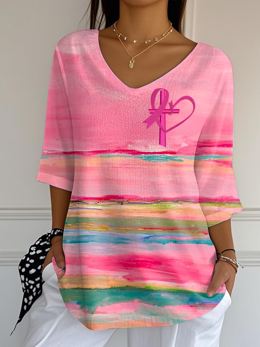Women's Retro Faith Breast Cancer Awareness Print Mid Sleeve T-Shirt