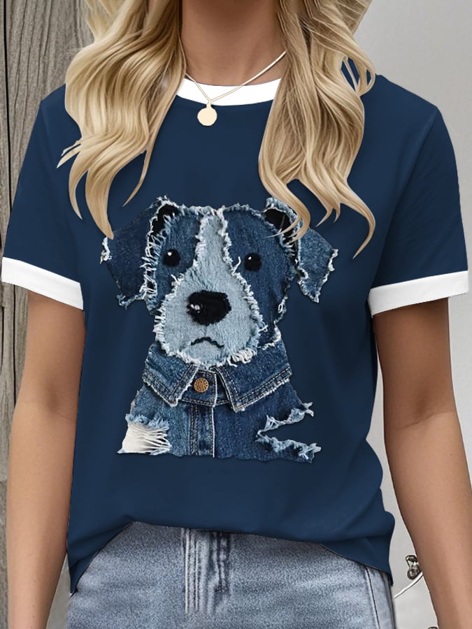 Women's Retro Funny Animal Dog Print Crew Neck T-Shirt