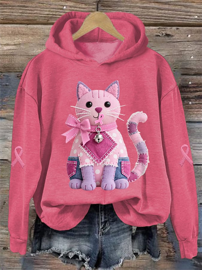 Women's Pink Cat Pink Ribbon Breast Cancer Awareness Support Print Sweatshirt