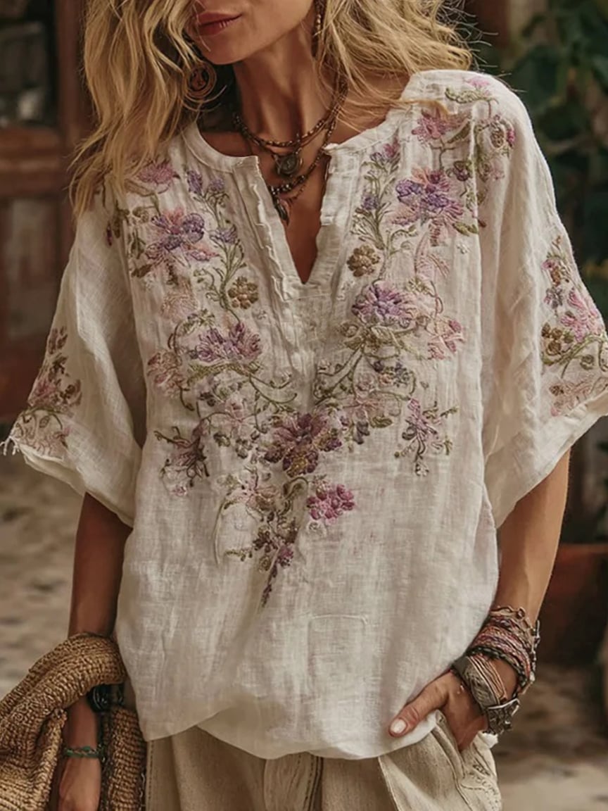 Women's Pink Floral Faux Embroidery Print Shirt
