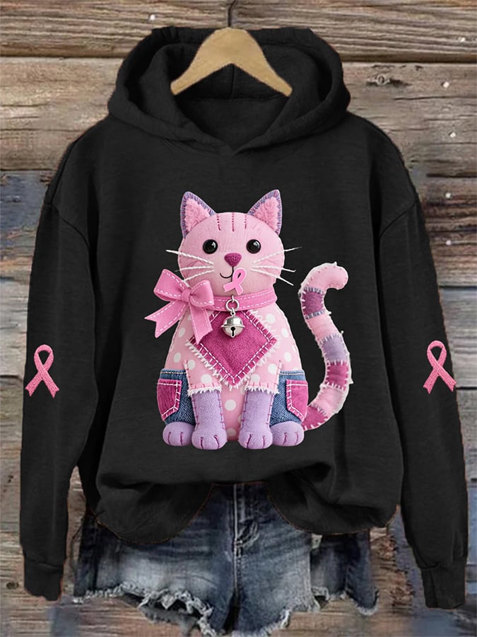 Women's Pink Cat Pink Ribbon Breast Cancer Awareness Support Print Sweatshirt