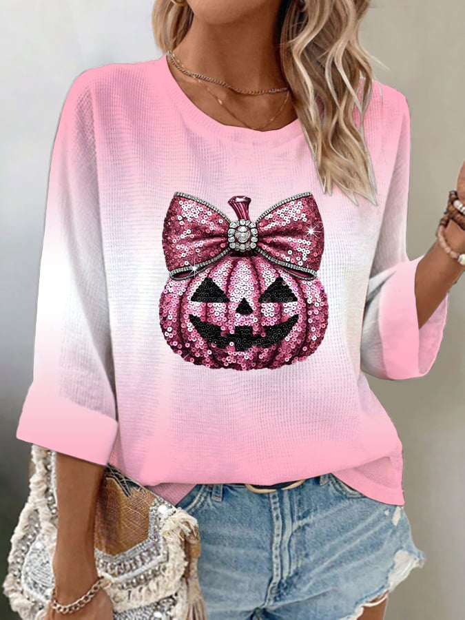 Women's Casual Pumpkin Waffle Long Sleeve Top