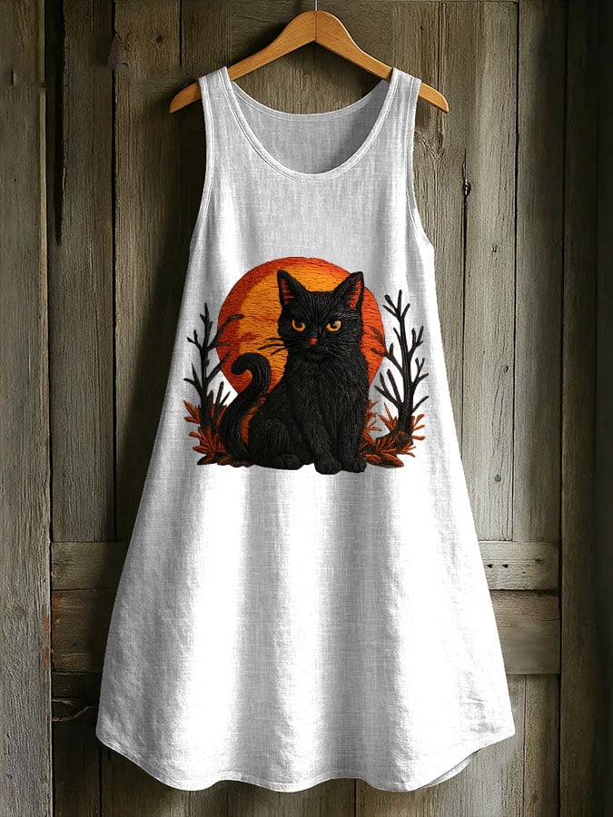 Women's Casual Black Cat Cotton And Linen Dress