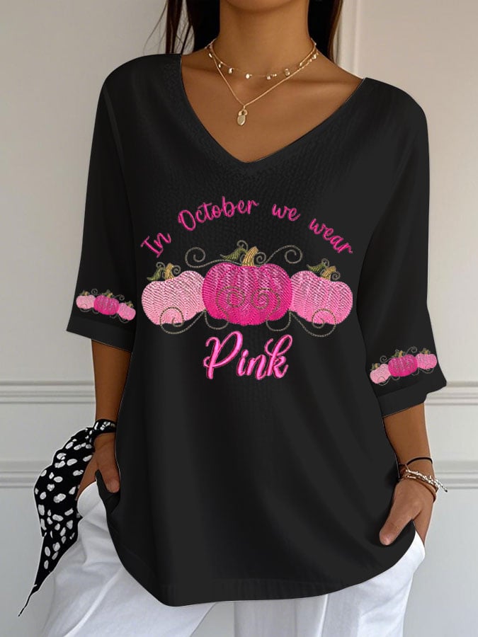 Women's Breast Cancer Print  Casual V-Neck Top