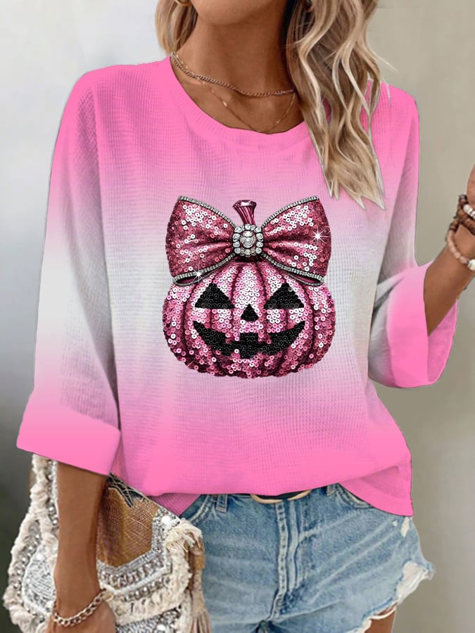 Women's Casual Pumpkin Waffle Long Sleeve Top