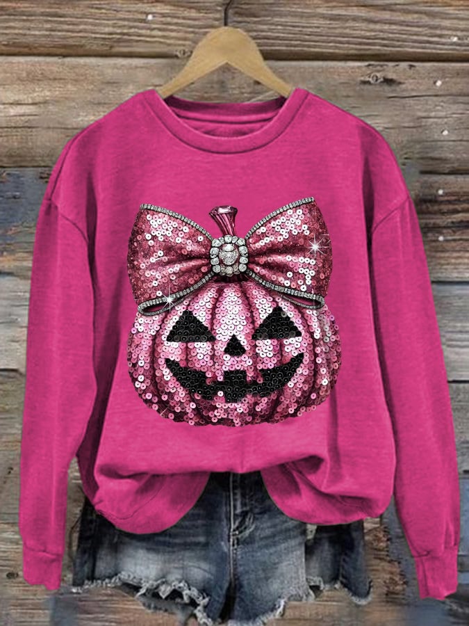 Women's Casual Pink Sequin Pumpkin Sweatshirt