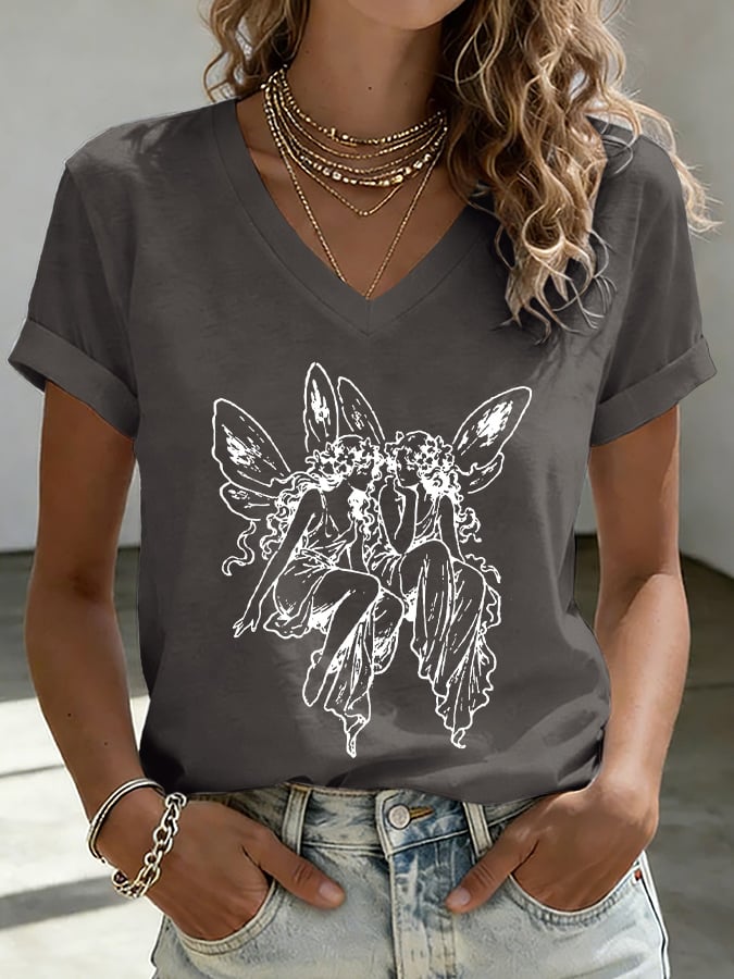 V-Neck Retro Medieval Fairy Subtle Lesbian Print T-Shirt