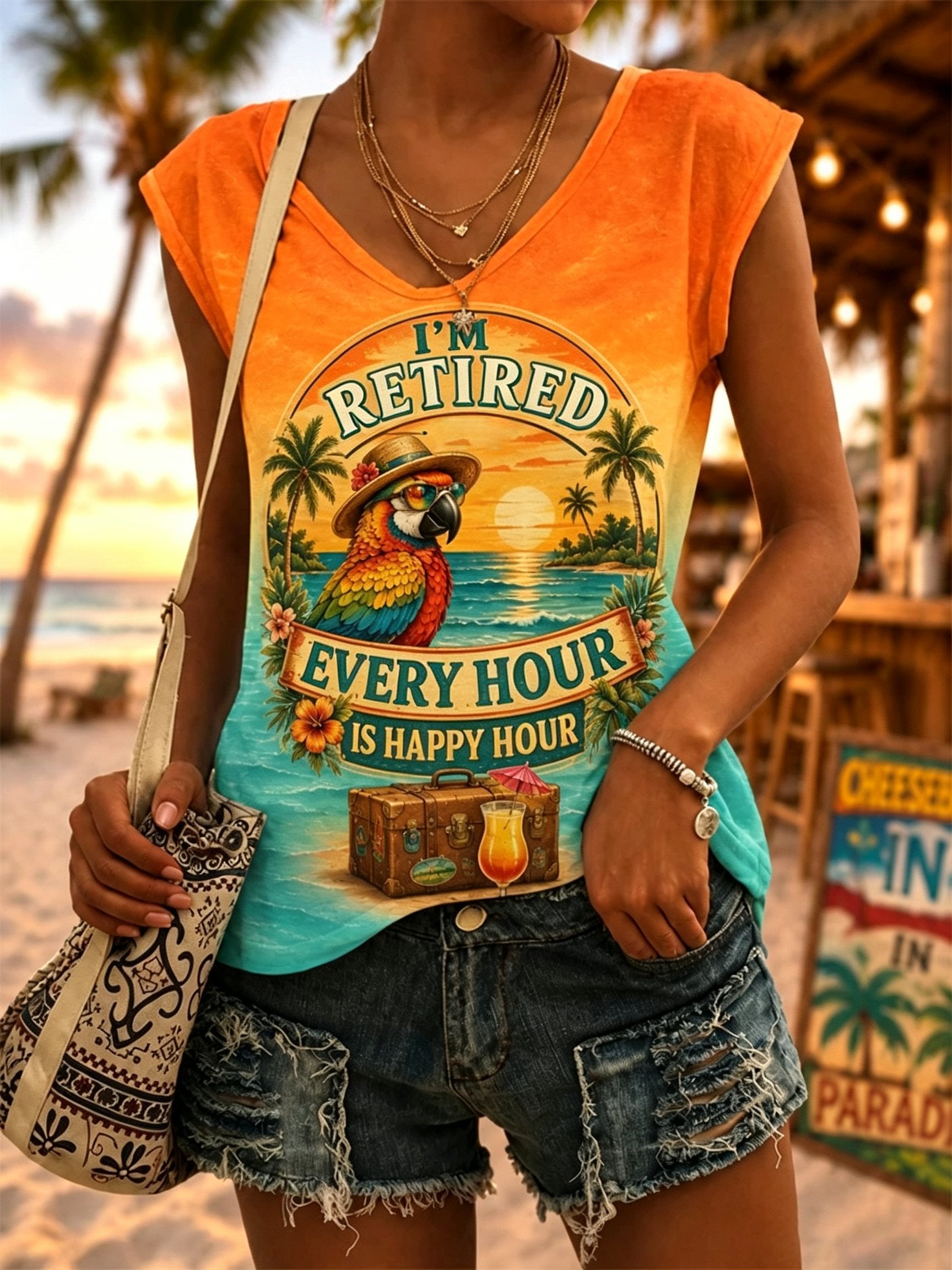 Women's Retro I'M Retired Every Hour Is Happy Hour Print Casual Vest