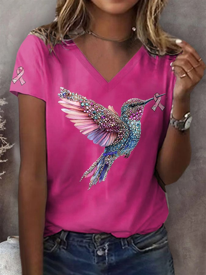 Women's Breast Cancer Hummingbird Print T-Shirt