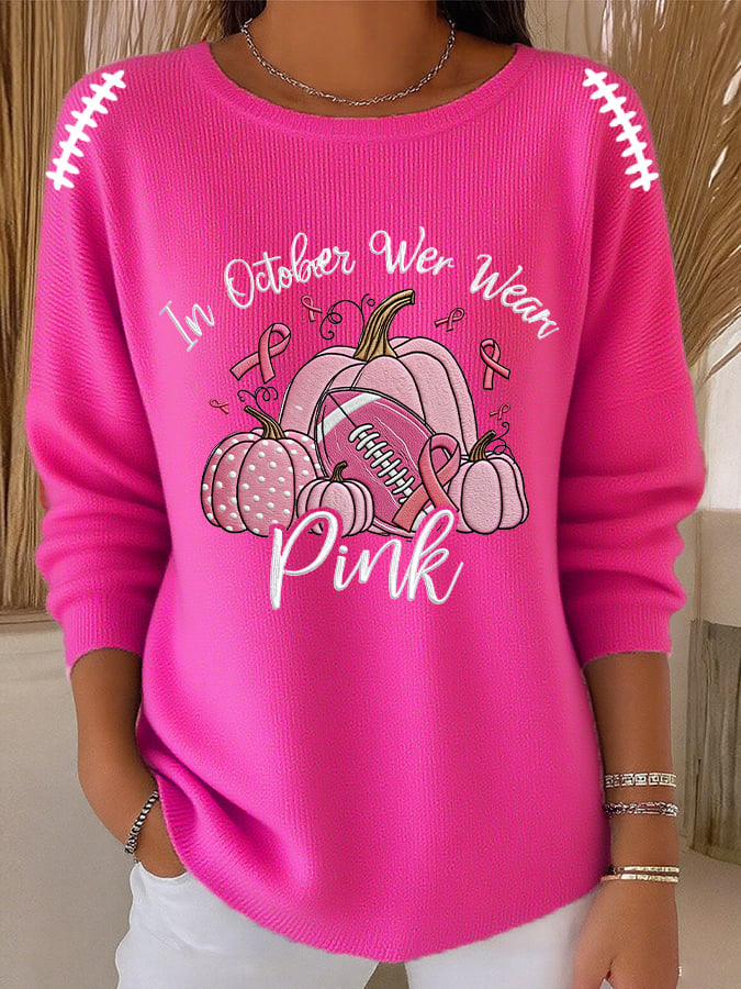 Women's Casual October We Wear Pink Pumpkin Rugby Texture Long Sleeve Top