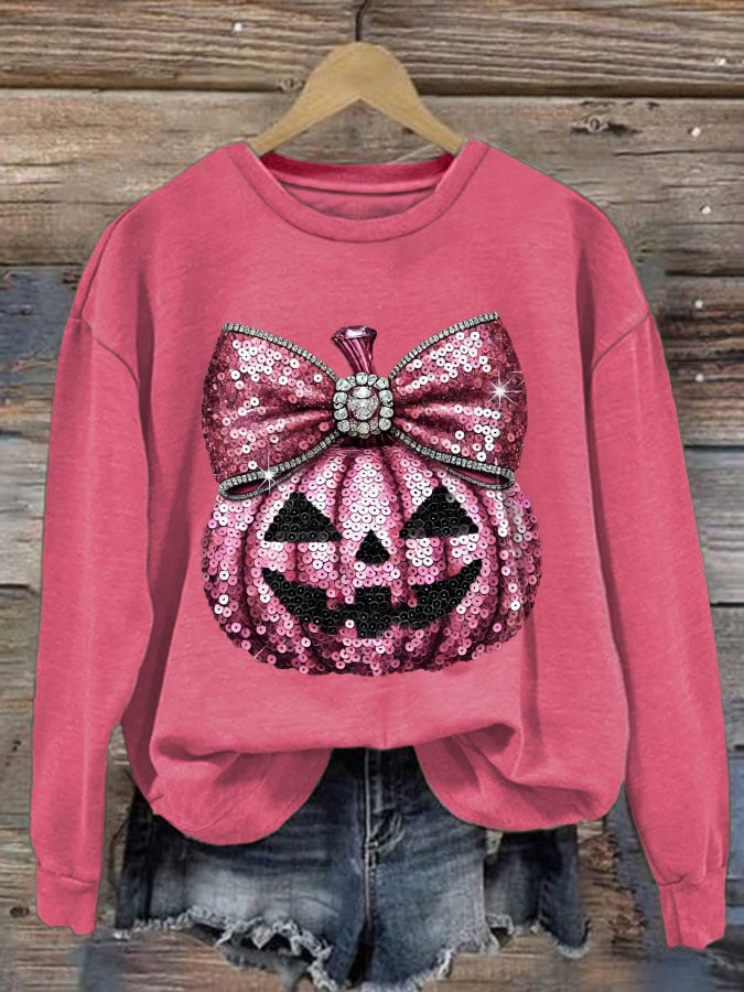 Women's Casual Pink Sequin Pumpkin Sweatshirt