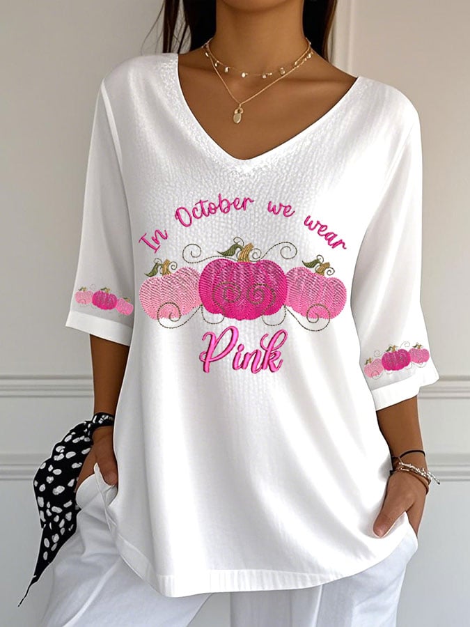 Women's Breast Cancer Print  Casual V-Neck Top