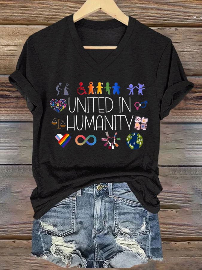 V-Neck Retro United In Humanity Diversity, Inclusion, Disability, Neurodiversity, Equality, Advocacy Print T-Shirt
