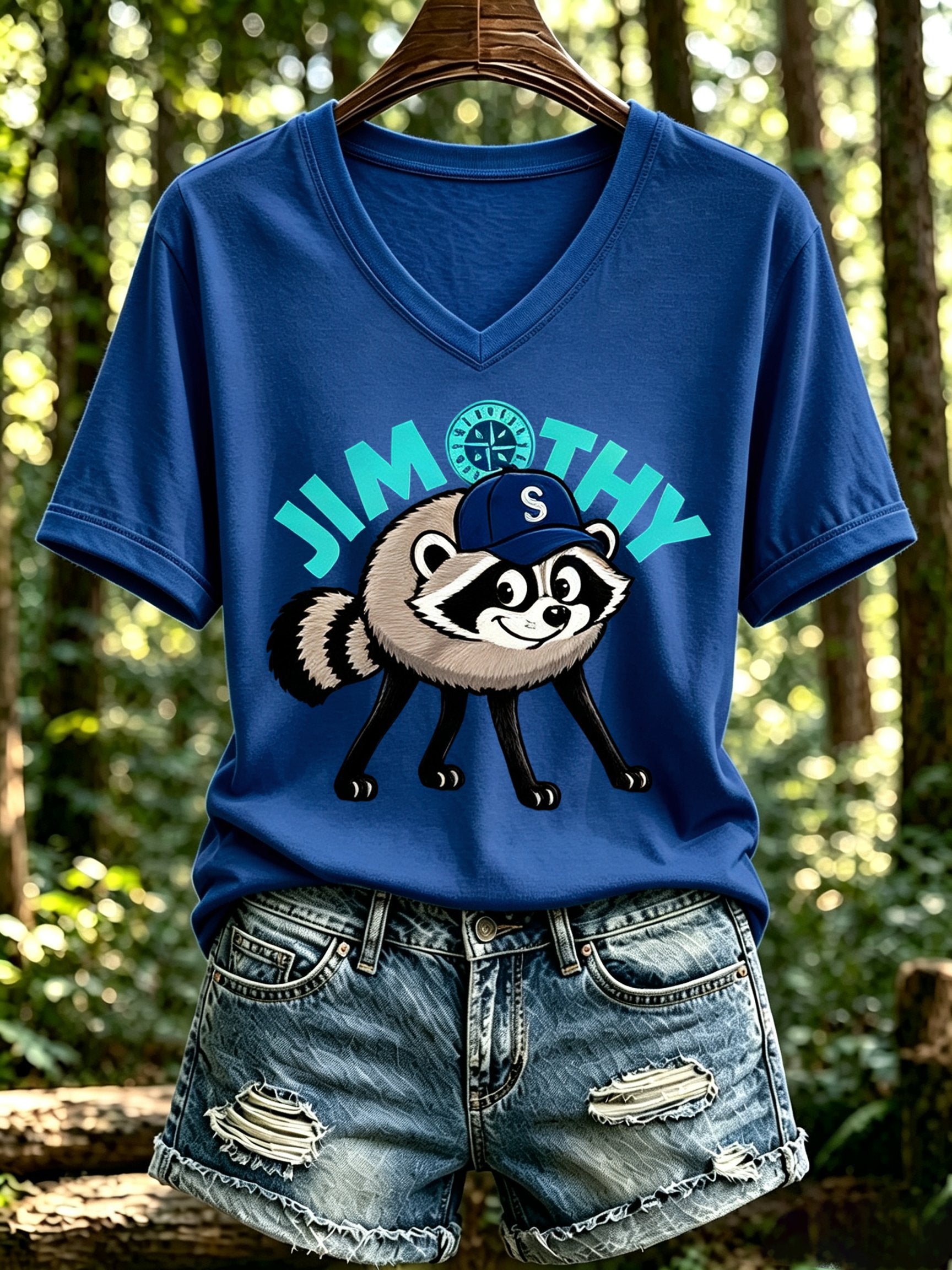 Women's Jimothy Raccoon Print V Neck T-Shirt