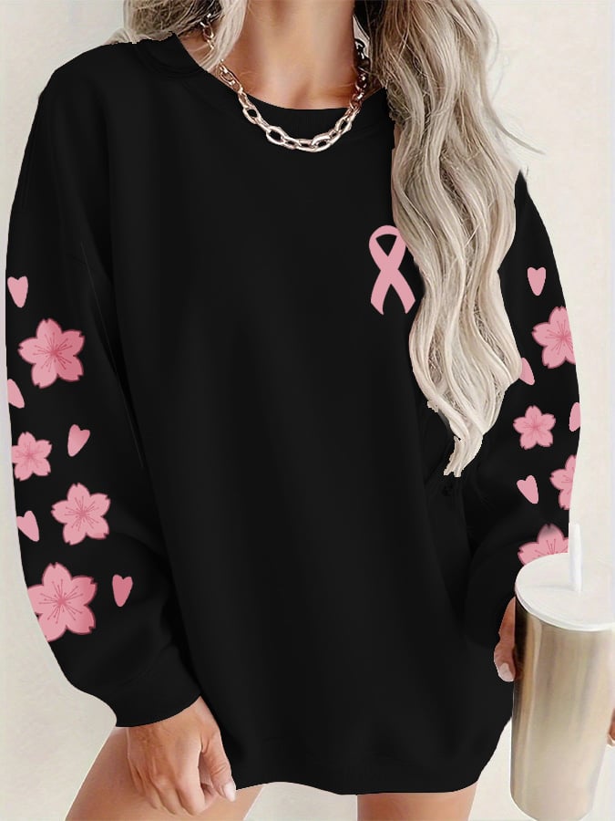 Women's Cherry Blossom Pink Ribbon Print Casual Round Neck Sweatshirt