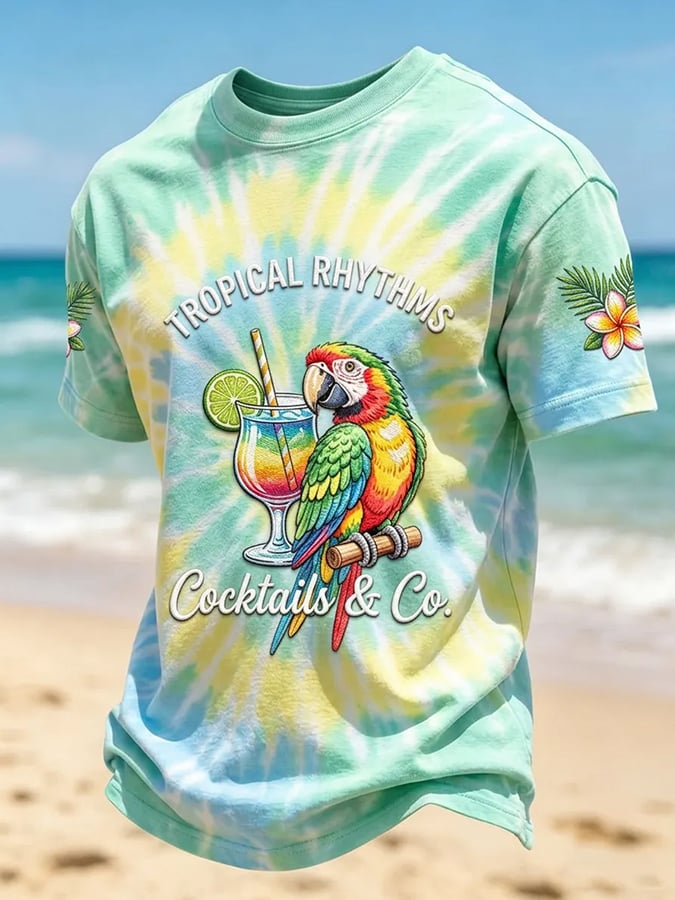 Vacation Parrot Cocktail Tie-Dye Printed T-Shirt