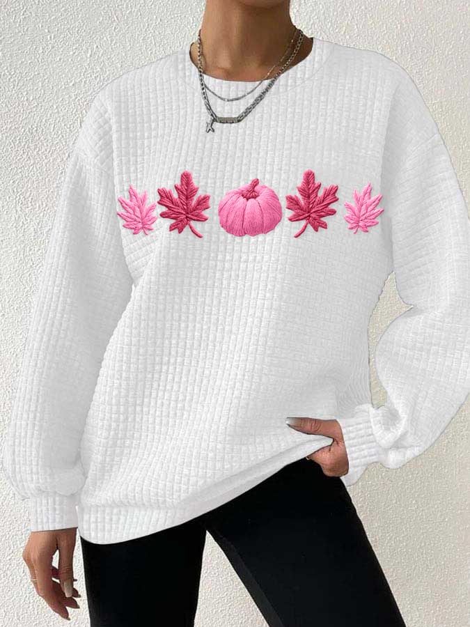 Women's casual pink pumpkin maple leaf checkered sweatshirt