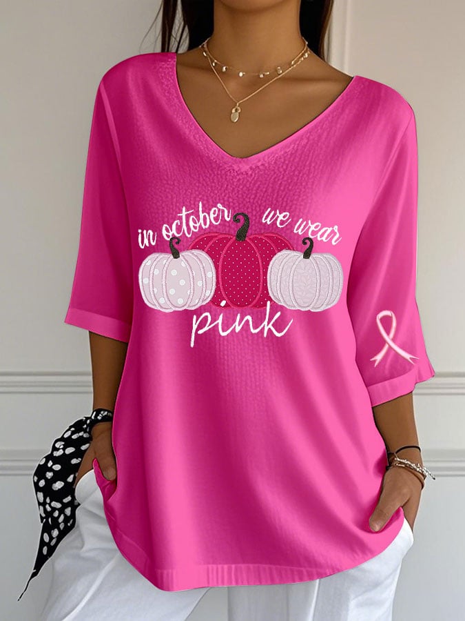 Women's Breast Cancer Print Casual V-Neck Top