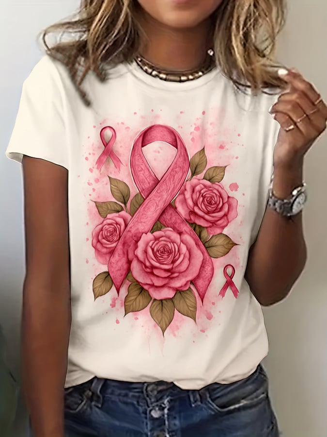 Women's Breast Cancer Awareness Print Crew Neck T-Shirt