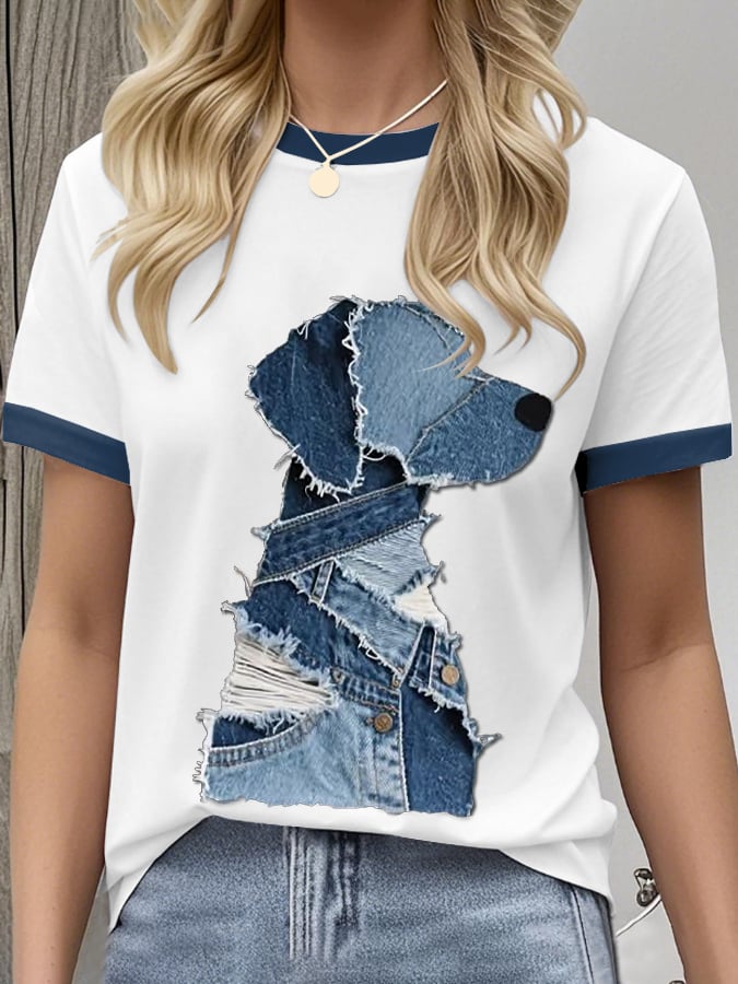 Women's Retro Funny Animal Dog Print Crew Neck T-Shirt