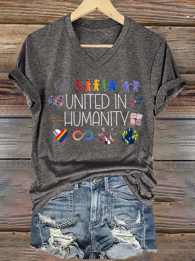 V-Neck Retro United In Humanity Diversity, Inclusion, Disability, Neurodiversity, Equality, Advocacy Print T-Shirt