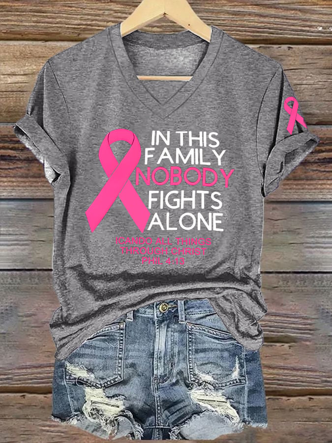 Women's Retro In This Family Nobody Fights Alone Breast Cancer Awareness Print T-Shirt