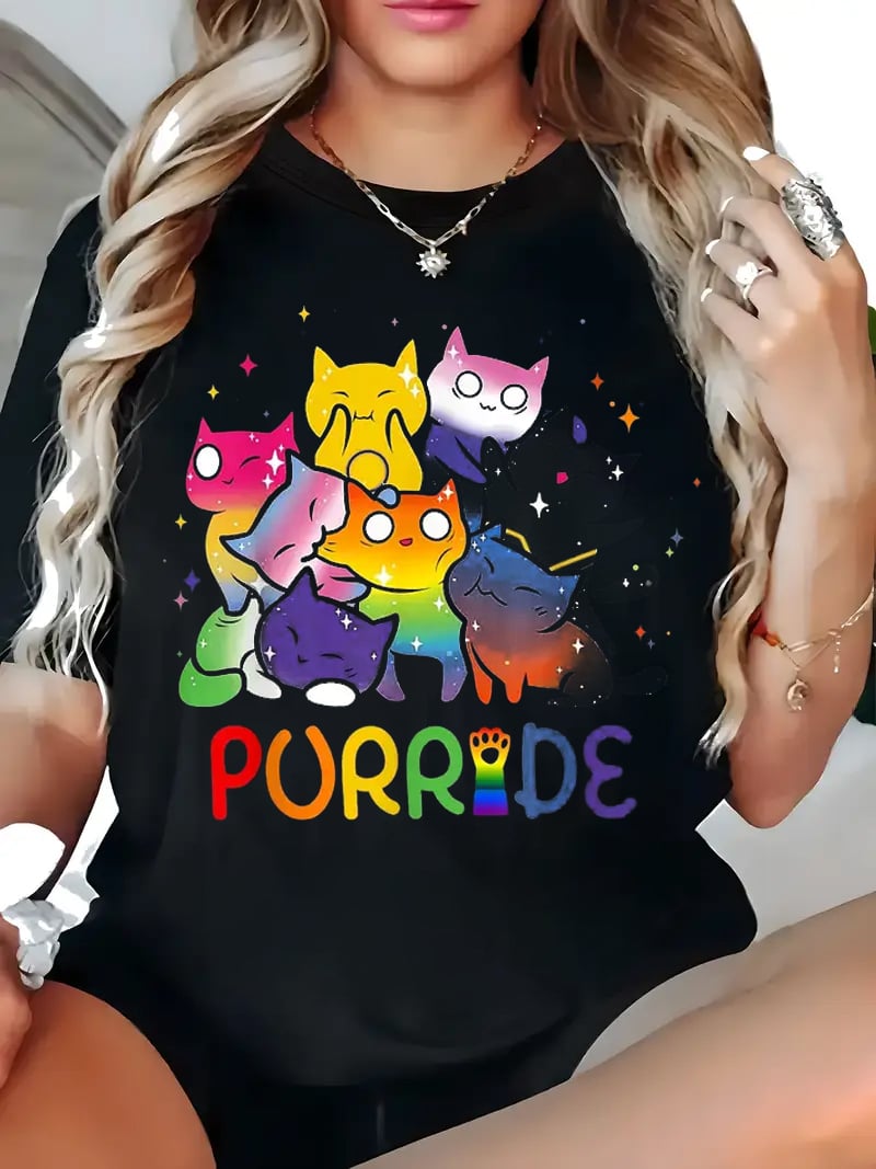 Women's Pride Month Rainbow Cat Animal Cute Print Short Sleeve T-Shirt