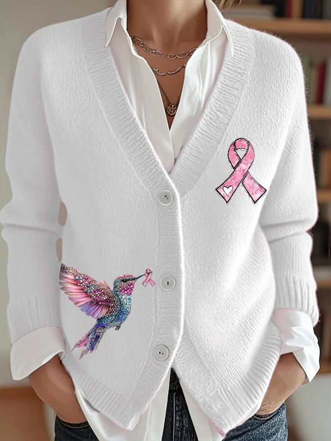 Women's Breast Cancer Sweater Hummingbird Ribbon Print Cardigan
