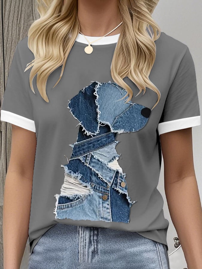 Women's Retro Funny Animal Dog Print Crew Neck T-Shirt