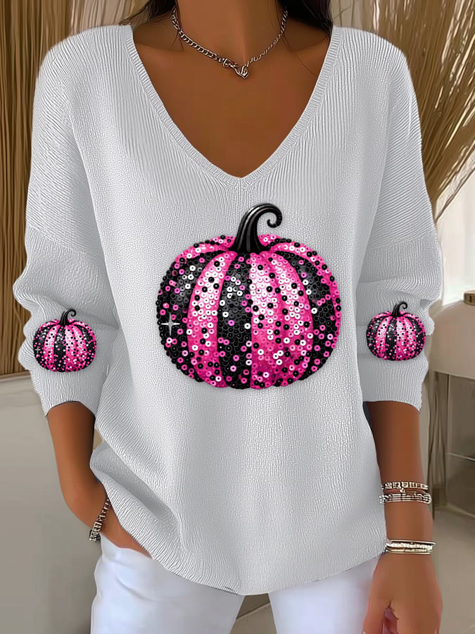 Women's casual pink sequined pumpkin striped long-sleeved top