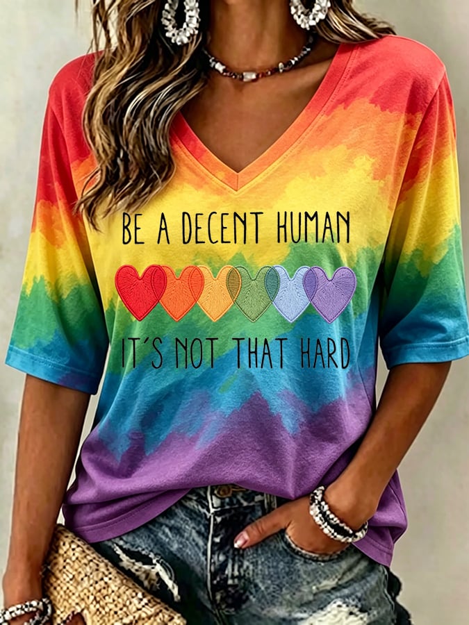 Women's Be A Decent Human It's Not That Hard Print V Neck T-shirt