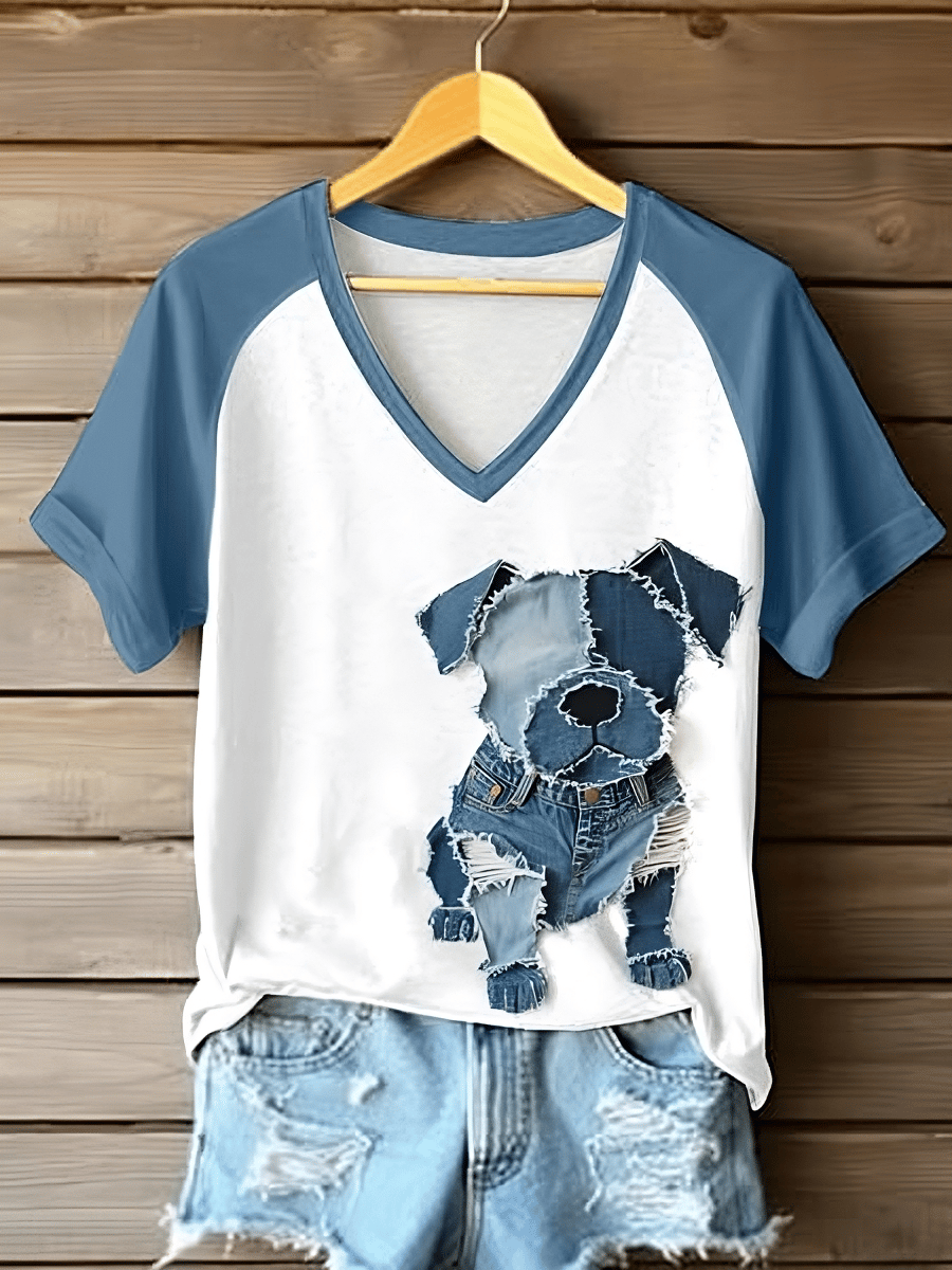 Women's Retro Funny  Animal Dog Print Raglan Short Sleeve T-Shirt