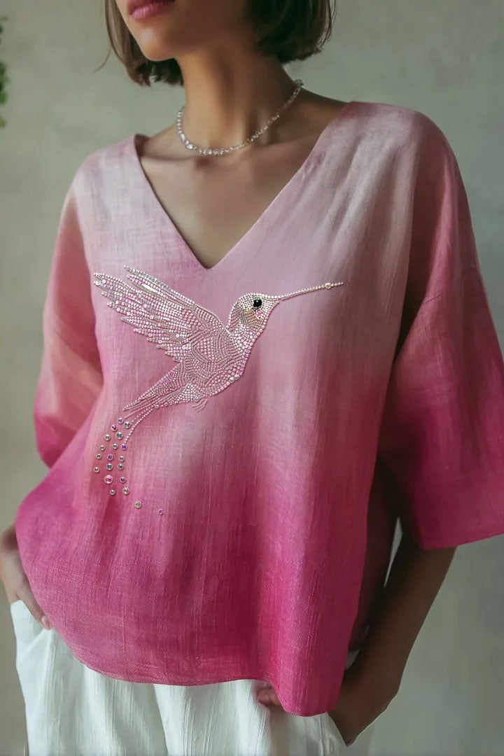 Women's Breast Cancer Pearl Hummingbird Print V-Neck T-Shirt
