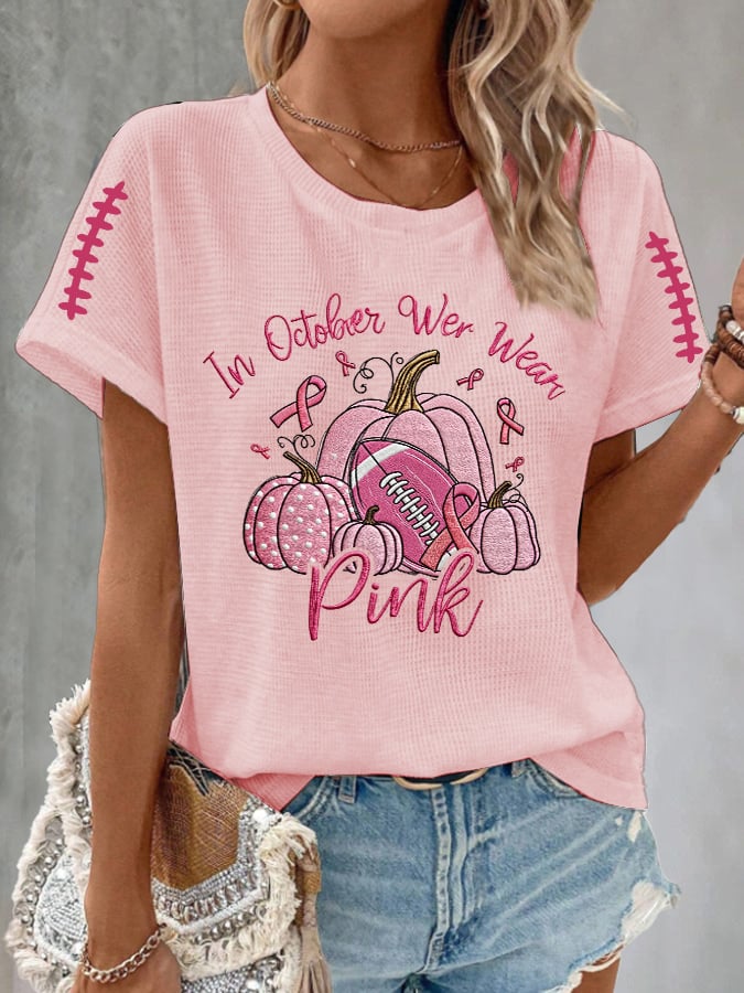 Women's Casual October We Wear Pink Rugby Pumpkin Waffle T-shirt