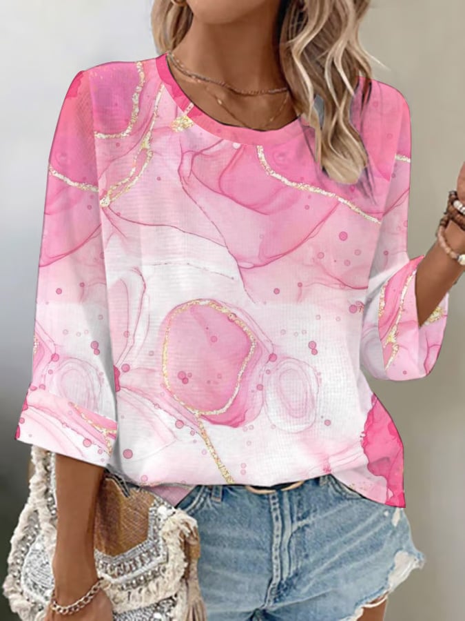 Women's summer pink ink painting casual round neck top