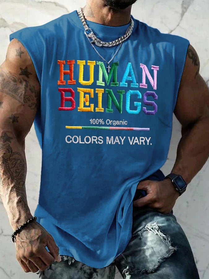 Retro Human Beings 100% Organic Colors May Vary Human Rights Equality Pride Print Tops Tank