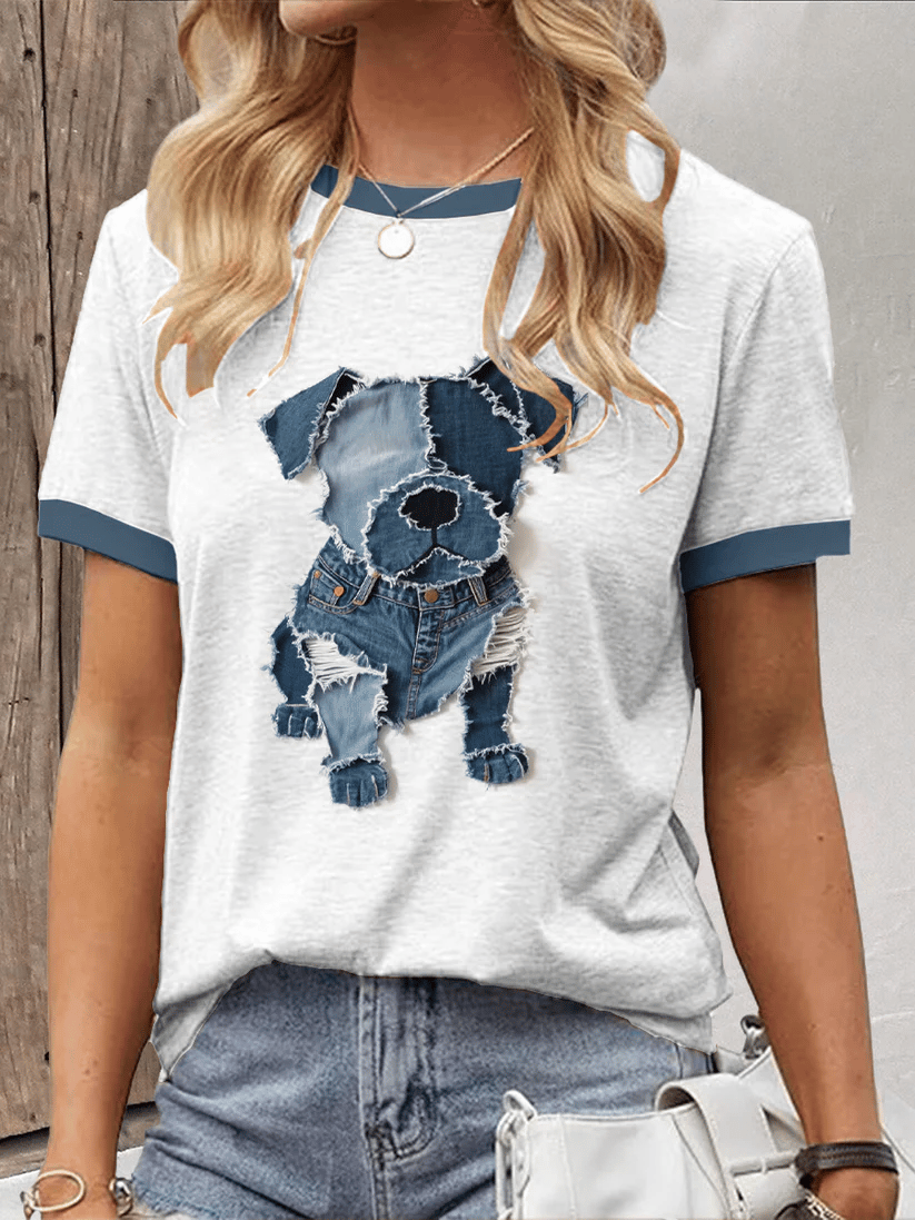 Women's Retro Funny Animal Dog Print Crew Neck T-Shirt