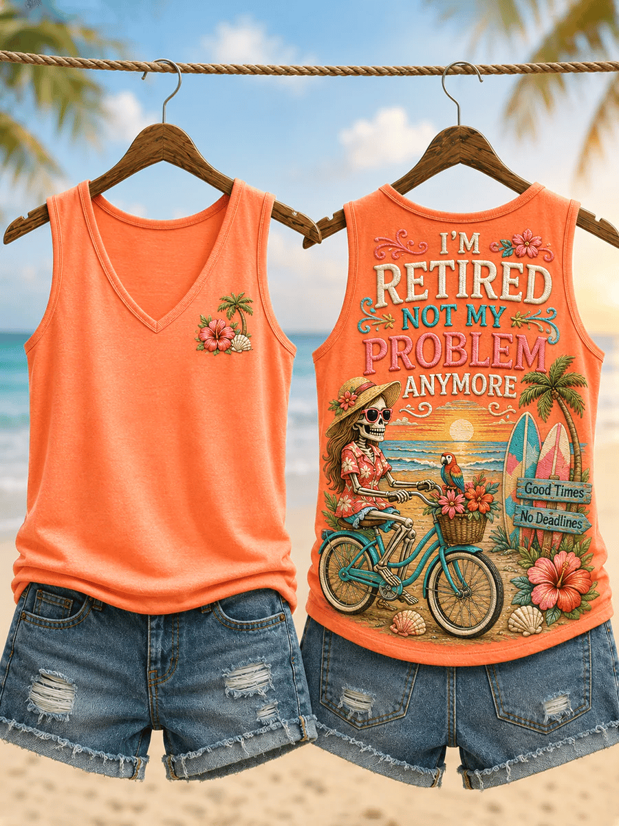 Women's Retro I'm Retired Not My Problem Anymore Skeleton Print Casual Vest