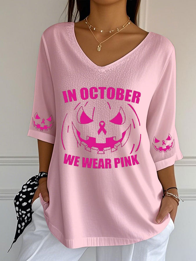 Women's Breast Cancer Print Casual V-Neck Top