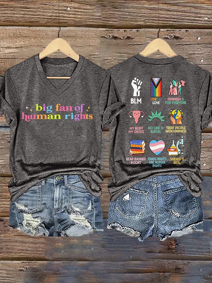 V-Neck Retro Big Fan Of Human Rights Print T-Shirt